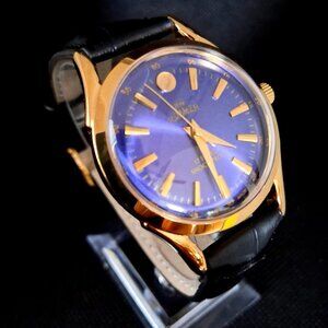 Vintage Roamer Men's Leather Gold & Blue Mechanical Watch RARE